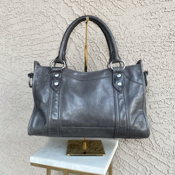 FRYE Carbon Gray Distressed Soft Leather Melissa Zip Top Crossbody Satchel Bag - Picture 6 of 17